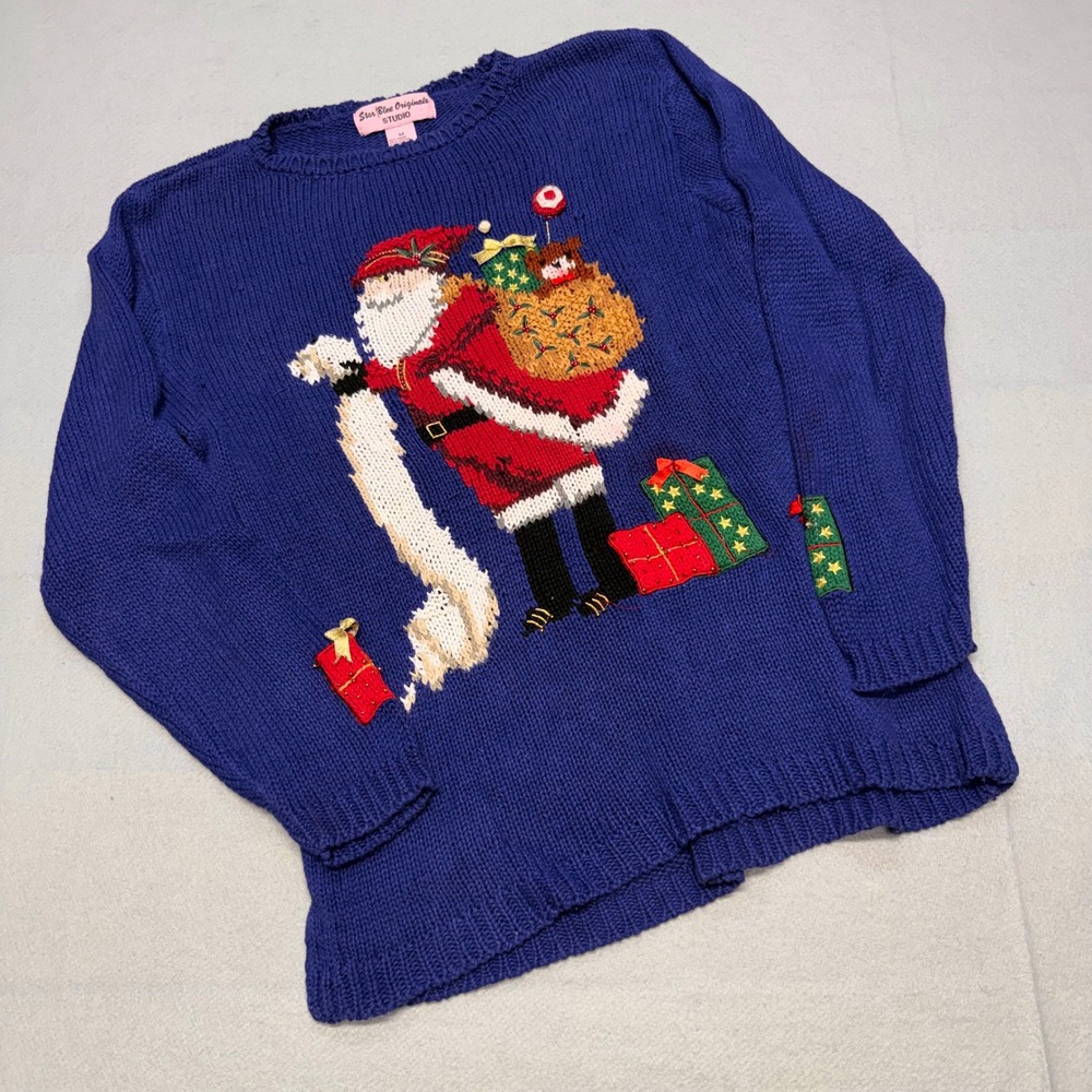 Star Blue Originals Studio Women Medium Blue Santa Christmas Sweater Ramie Knit